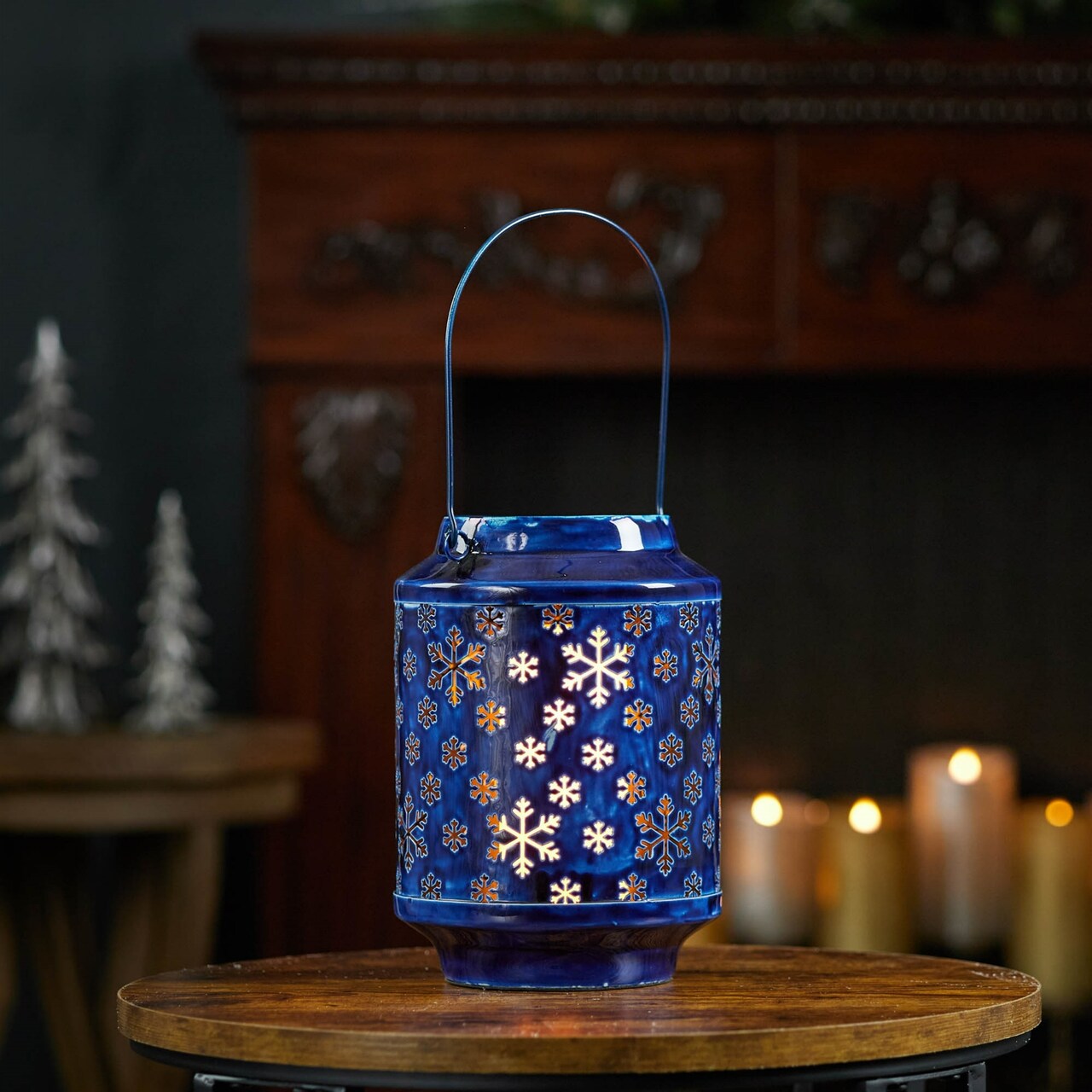 Melrose Snowflake Punched Metal Candle Lantern - 9.75" - Blue